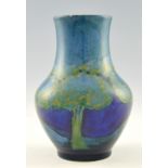 Moorcroft vase Moonlit blue pattern, design of trees in landscape, green signature, impressed,