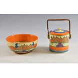 Clarice Cliff a lotus design biscuit barrel with reeded handle, 15 cm and a matching bowl, 21.5 cm