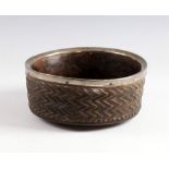 19th century mahogany bowl with chevron decoration and white metal rim, 20.5 cm dia. together with a
