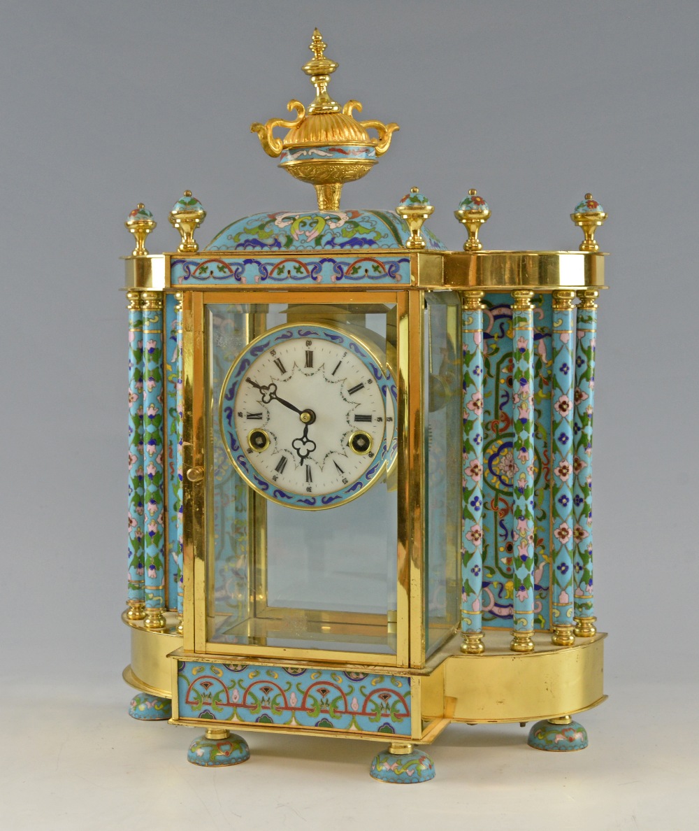 Late 19th century French style champleve enamel and brass mantel clock with eight day movement,