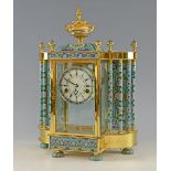 Late 19th century French style champleve enamel and brass mantel clock with eight day movement,