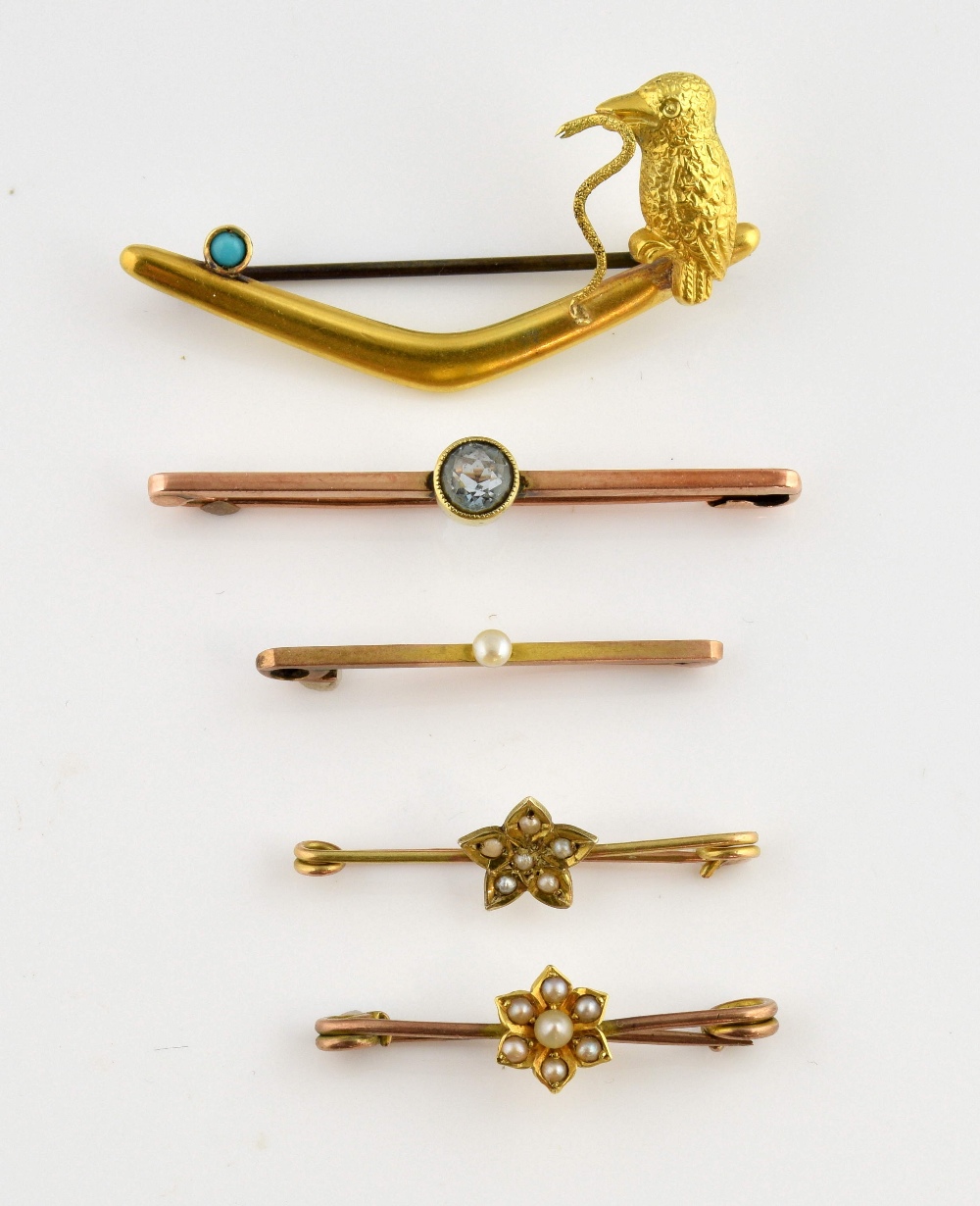 Collection of five brooches, 20th C boomerang brooch by Johnson & Simonsen, with turquoise