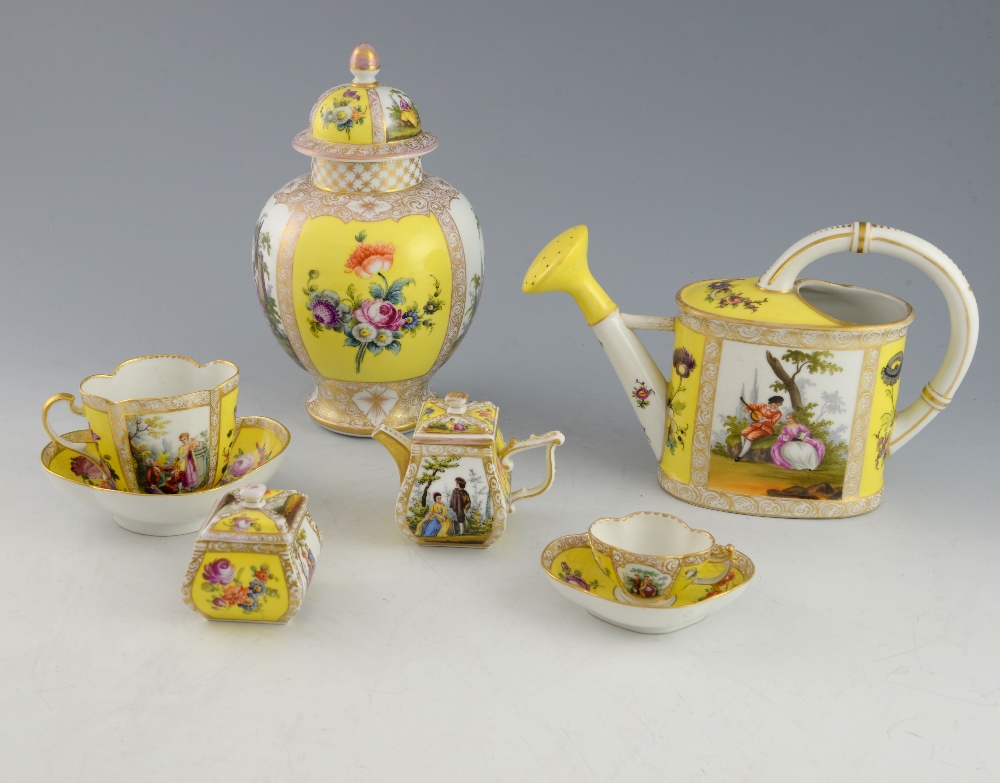 Dresden porcelain yellow and white ground lidded vase, water jug, quatrefoil cup and saucer, similar - Image 2 of 2