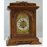 Oak cased bracket clock, the three train movement with Westminster chime, 47cm high, 37cm wide, 22cm