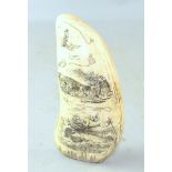 Whale tooth scrimshaw with signed picture of a whaling scene 15cm .
