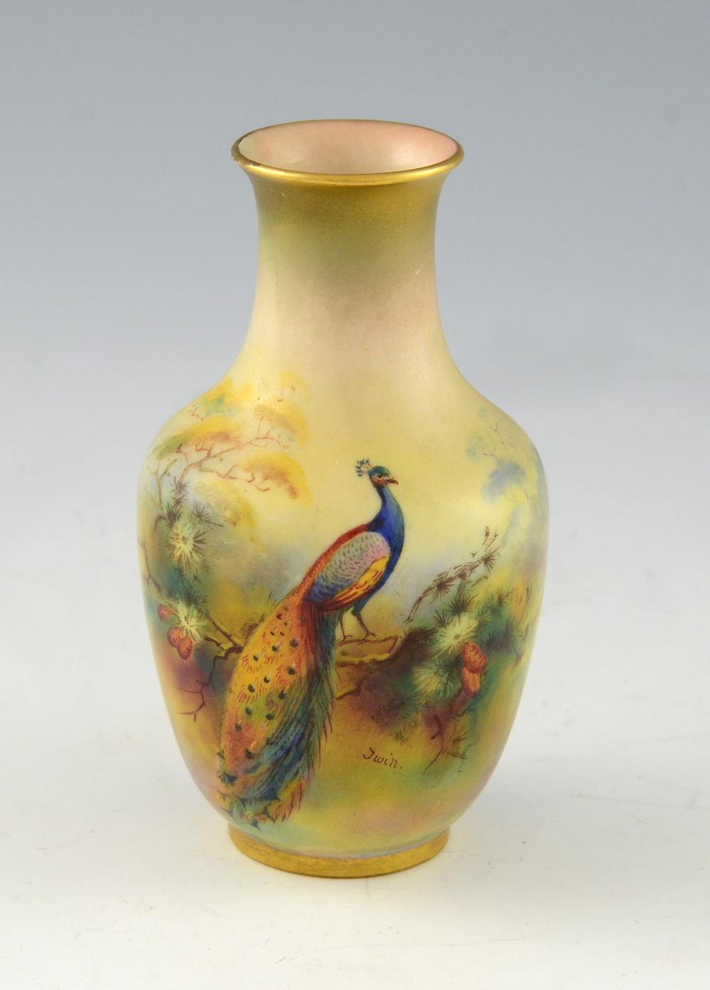 Royal Worcester vase painted with a peacock, shape No. 2491, indistinct signature, date mark for - Image 2 of 6