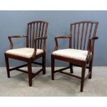 Set of eight mahogany rail back chairs with drop in seats on square legs ( Six single chairs and two