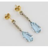 Art Deco aquamarine and diamond drop earrings, pear cut aquamarines, estimated total weight 3.22