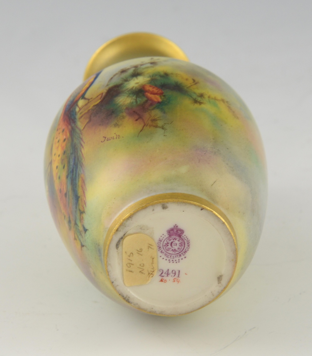 Royal Worcester vase painted with a peacock, shape No. 2491, indistinct signature, date mark for - Image 5 of 6