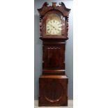 18th century mahogany long case clock painted dial to twin train movement striking on bell , 225cm .