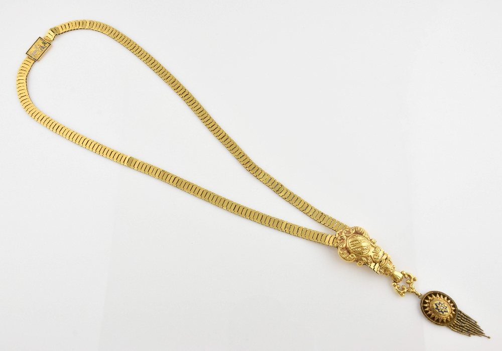 19 th C French gold necklace with slider, flat rectangular links with crest shaped slider and