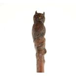 A blackthorn walking cane carved with an owl with glass eyes. 121cm.