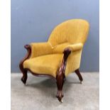 19th century mahogany and upholstered serpentine front armchair on cabriole legs with scroll feet,