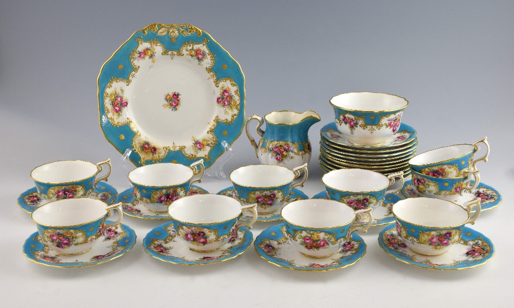 A Copeland Spode tea service to include cream jug, and sugar bowl in white and blue decorated with