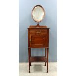 Early 20th century gentleman's mahogany dressing stand with oval tilt mirror over drawer, pot