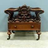 Victorian mahogany canterbury with one drawer, on turned legs, 52 x 56 x 37 cms.