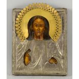 Icon of Christ Pantocrator with embossed and chased metal oklad 18cm x 15cm.
