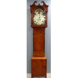 19th century oak longcase clock , the arched dial painted with the moon, a galleon and a church,