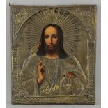 Icon of Christ Pantocrator with embossed metal oklad 31cm x 27cm.