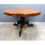 19th century mahogany tip top breakfast table on baluster column with carved tripod legs, diameter