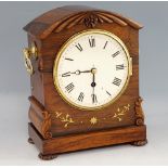 Early 19th century rosewood mantle clock with brass inlay, eight day single train fusee movement.