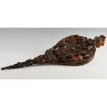 19th century mahogany and leather bellows in carved relief decoration.