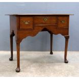 19th century oak low boy with three drawers, 70cm x 89cm . Plank top with gap, damage to front