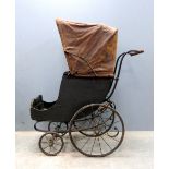 19th century stained wood and metal pram with canvas hood, 120cm high .