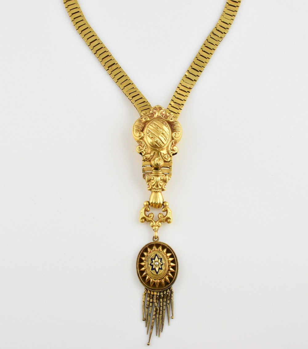 19 th C French gold necklace with slider, flat rectangular links with crest shaped slider and - Image 2 of 2