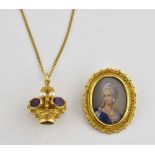 Oval portrait brooch pendant, portrait of a lady with stone set detail, mounted in scrolled frame,