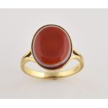 Banded agate ring, oval cabochon cut agate, measuring approximately 15 x 12mm, mounted in yellow