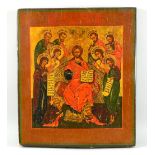 Icon depicting Christ flanked by angels and saints, tempera on wood 31cm x 27cm,.