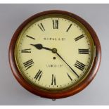 Maple & Co. London, single fusee mahogany cased wall clock, the painted dial with Roman numerals,