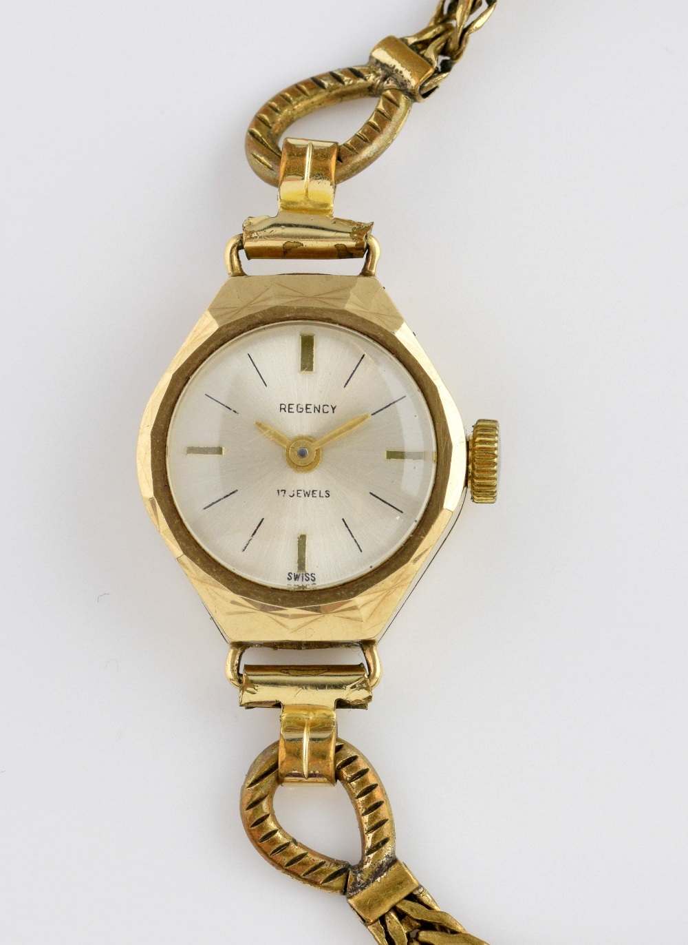 Ladies Regency wrist watch, round dial with baton hour markers, in yellow metal case and rolled gold