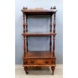 Victorian mahogany three tier whatnot with drawer and fretwork gallery, 120cm x 148cm. Provenance: