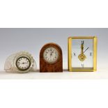 Athena Swiza brass and glass mantel clock 14cm high, glass mantel timepiece and a quartz clock, (3).