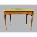 Edwardian mahogany and satinwood writing desk with green leather inset top, three drawers on