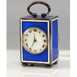 Swiss silver and enamel cased miniature carriage timepiece, blue enamel ground with white border,