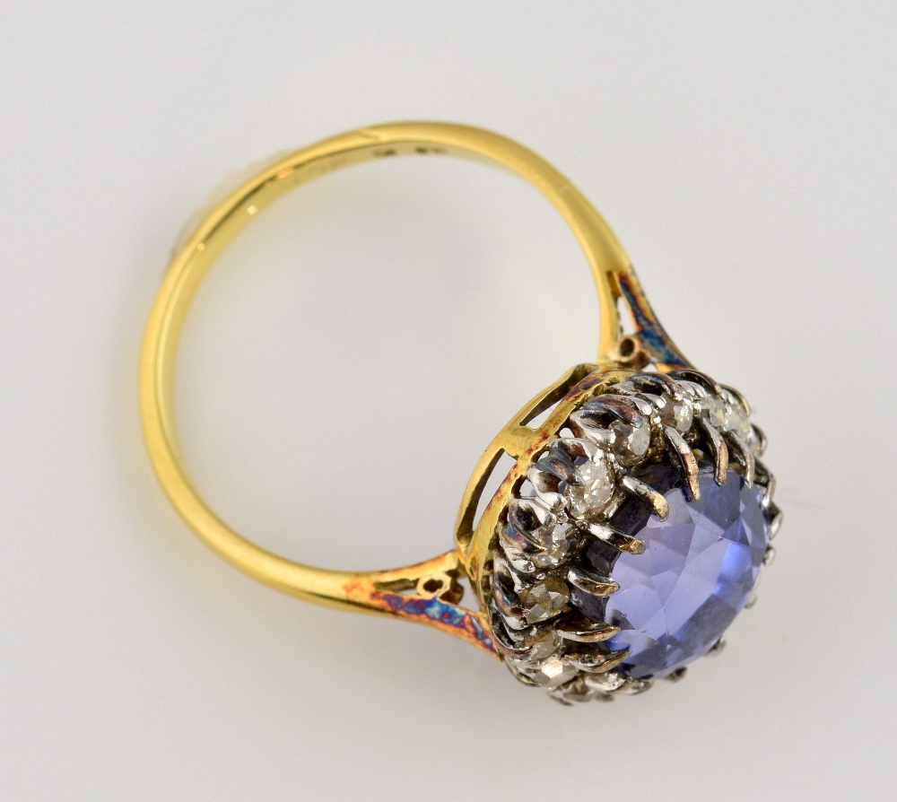 1920's sapphire and diamond cluster ring, oval sapphire estimated weight 6.25 carats, round old - Image 2 of 2