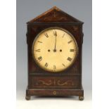 19th century rosewood and brass inlaid bracket clock with twin fusee movement, on ball feet 44cm