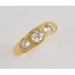 Diamond three stone ring, three old cut diamonds estimated total weight 0.90 carats, estimated