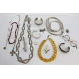 Collection of mainly costume jewellery, including amber bead and shell necklace, two Egyptian silver