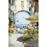 20th century, Continental School, market scene with view through arch to the sea, indistinctly