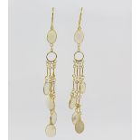 Opal articulated drop earrings, oval cabochon cut opals, rub over set in yellow metal stamped 14 ct,