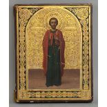 19th century Russian icon depicting St. Alexander holding a cross, painted in colours, on gilt