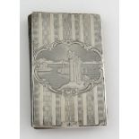 Victorian silver and leather aide-memoire with engine turned decoration and an engraved scene of a