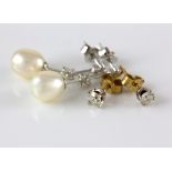 Two pairs of earrings, diamond and pearl drop earrings, white cultured pearls measuring