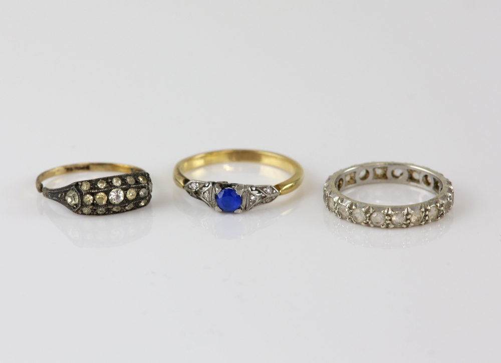 Three rings, blue synthetic spinel and diamond ring, mounted in yellow metal testing as 18 ct, size,