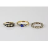 Three rings, blue synthetic spinel and diamond ring, mounted in yellow metal testing as 18 ct, size,