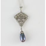 Art Deco style diamond and grey pearl pendant, set with round brilliant cut diamonds, with